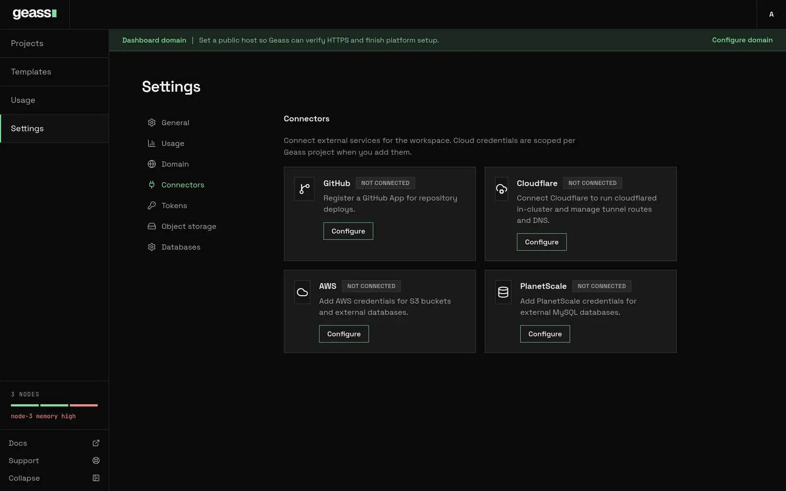 Settings, Connectors: the GitHub, Cloudflare, AWS and PlanetScale cards.
