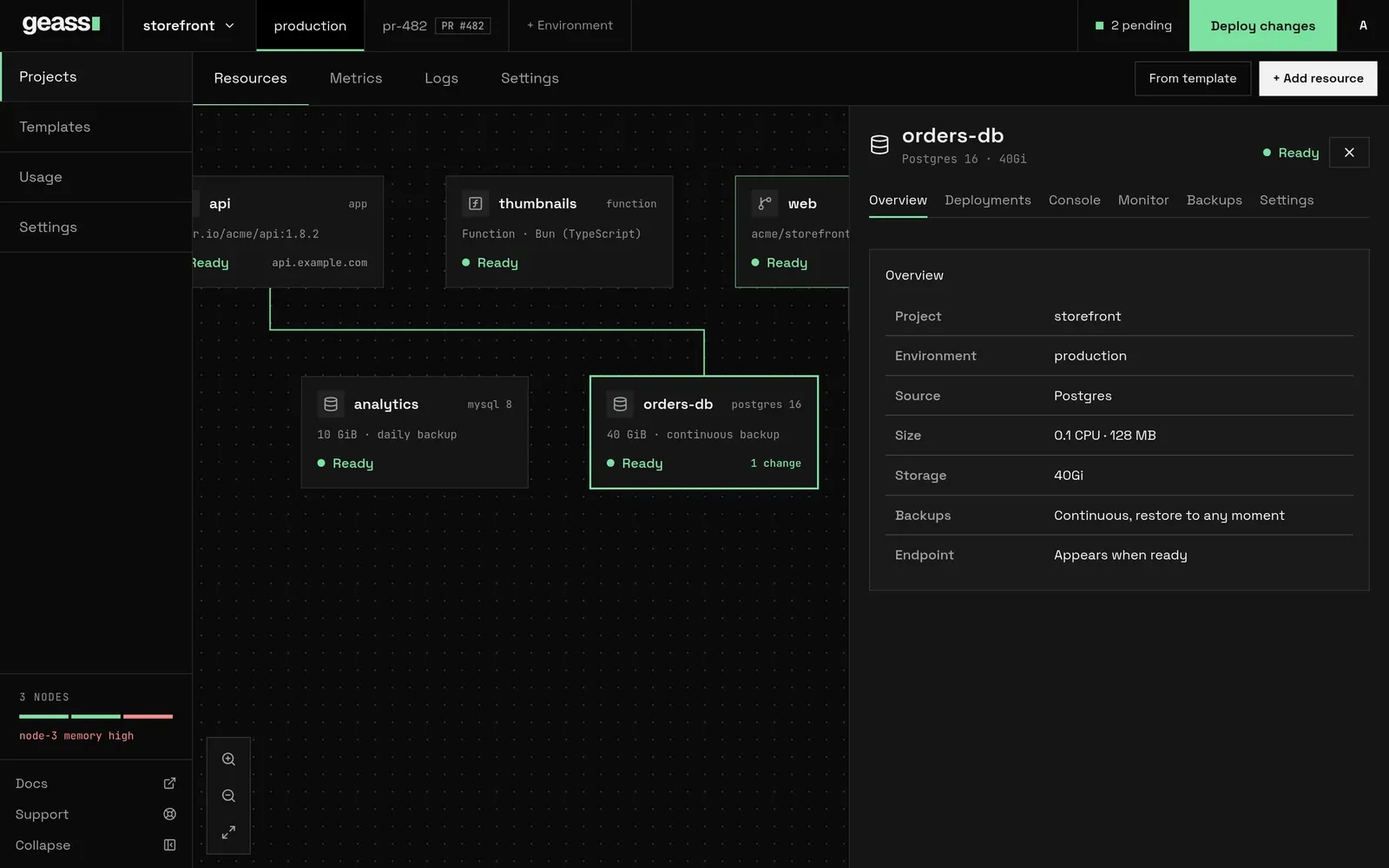 A database’s panel, with its details, backups and connect string.